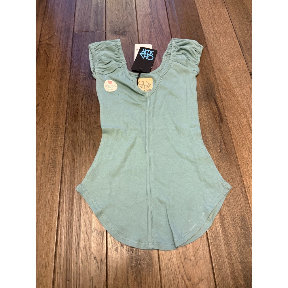 Chaser Cap Sleeve Top Womens XS Sage Green Ruched V-Notch Curved Hem NWT